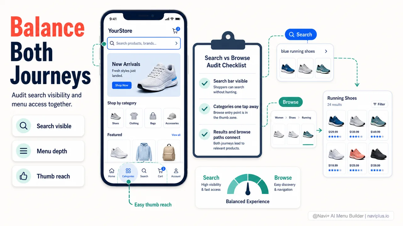 Store audit showing search bar visibility menu depth and mobile accessibility of both navigation styles