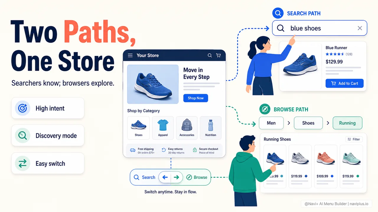 Two shoppers on the same store one using search bar one browsing categories showing different intents