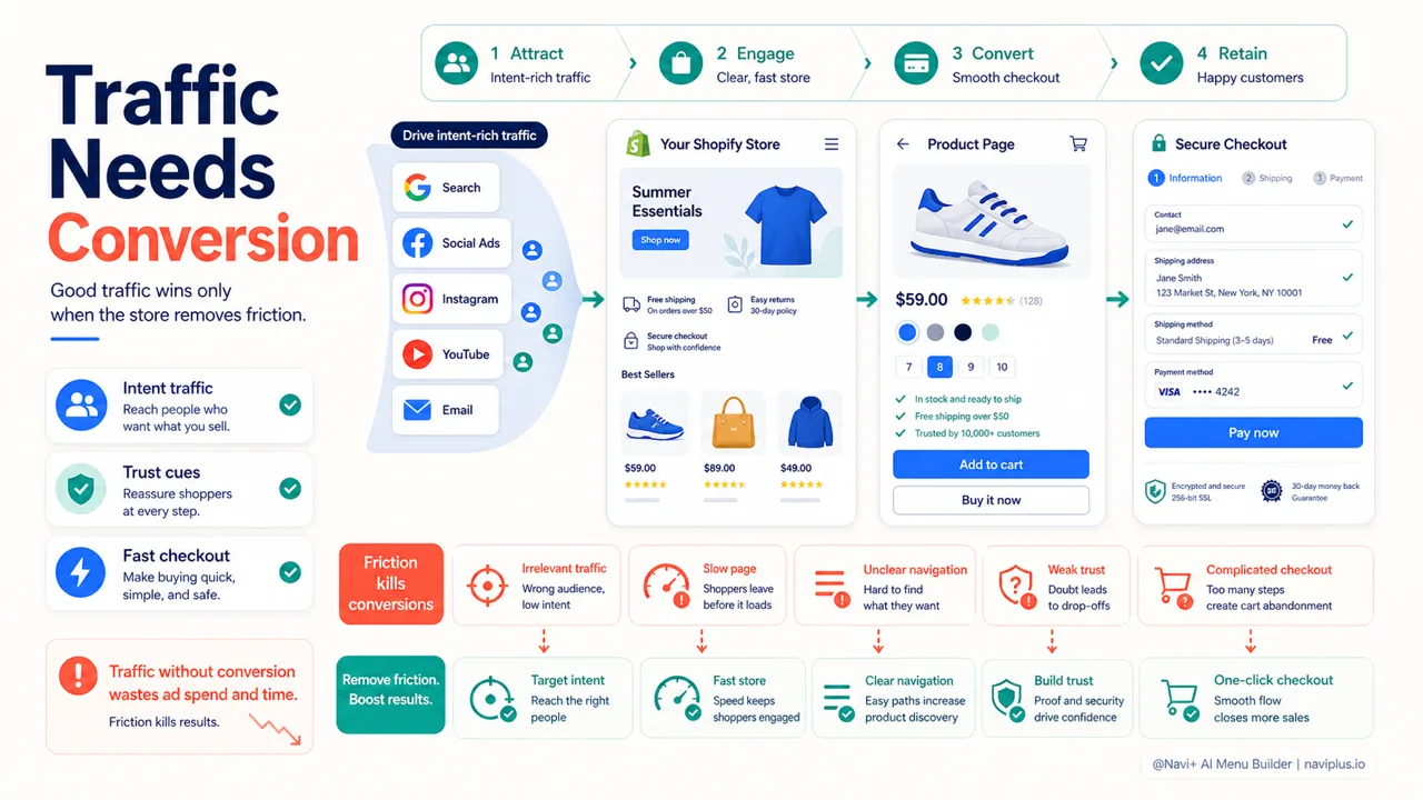 Shopify traffic conversion funnel showing intent traffic trust speed and checkout