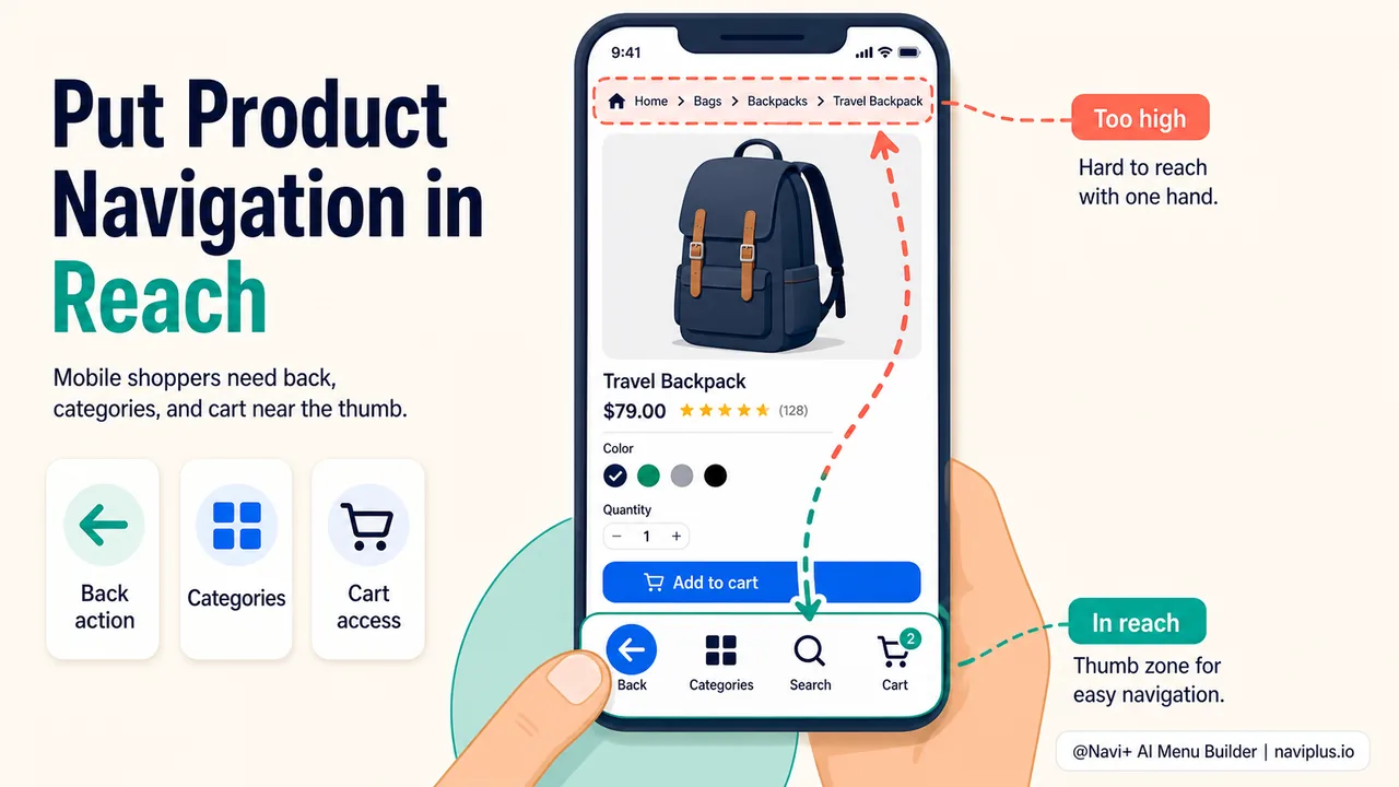 Mobile product page with thumb zone showing bottom navigation bar versus top breadcrumbs