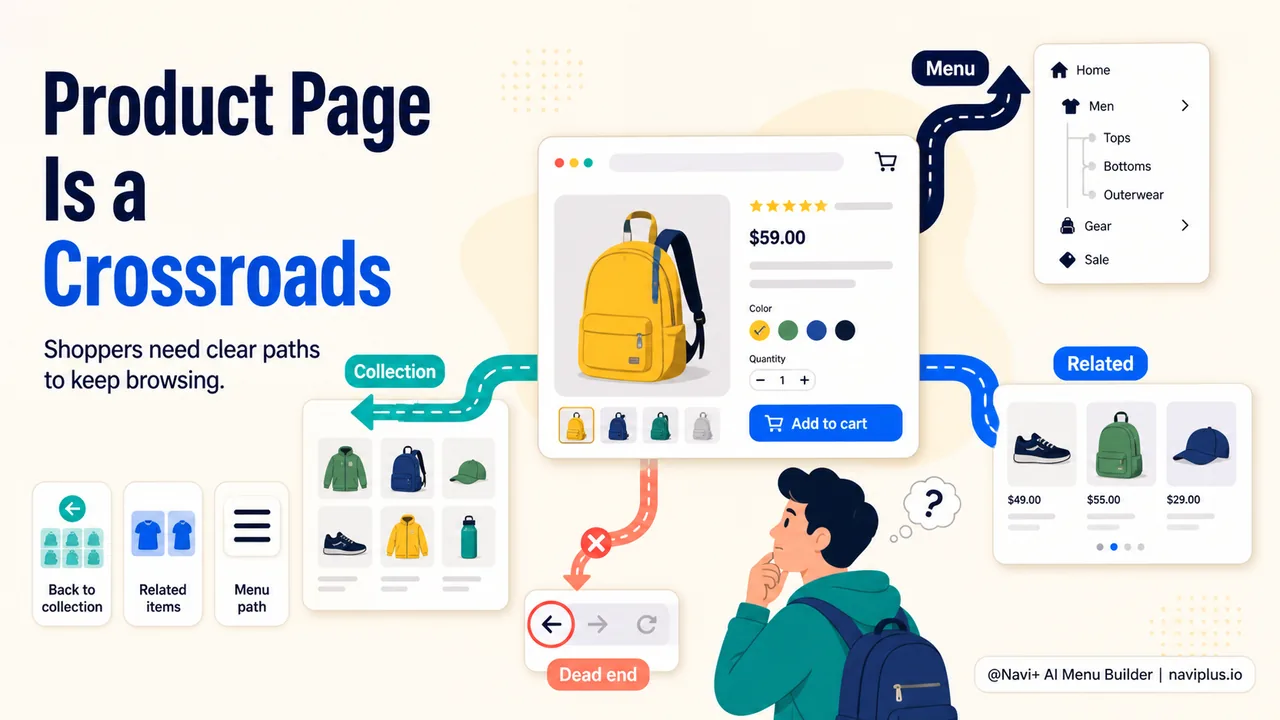 Product page as a crossroads with paths to collection breadcrumbs related products and menu