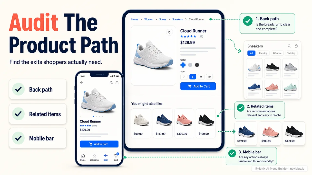 Product page navigation audit checklist showing breadcrumbs related products mobile bar and menu connection
