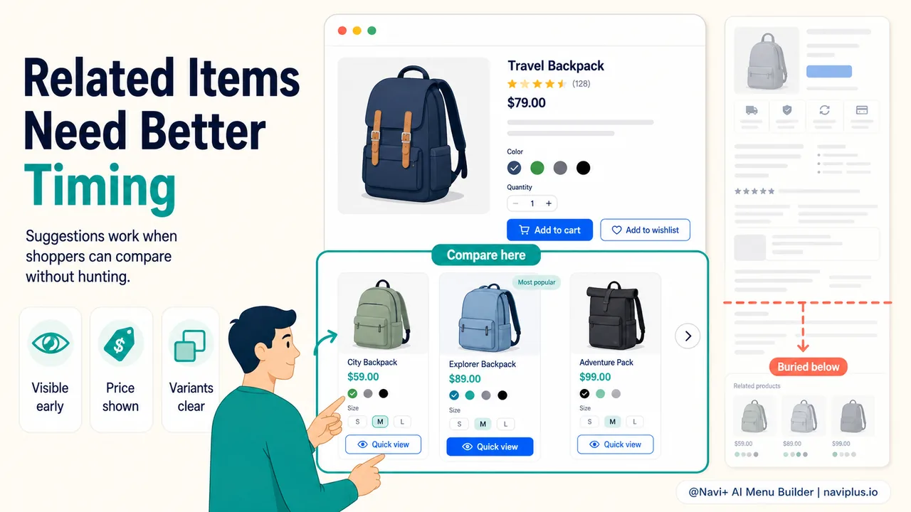 Related products section placement on ecommerce product page showing price and variant info