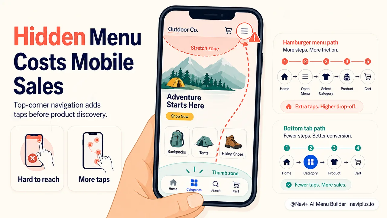 Mobile hamburger menu hiding categories and reducing product discovery on small screens