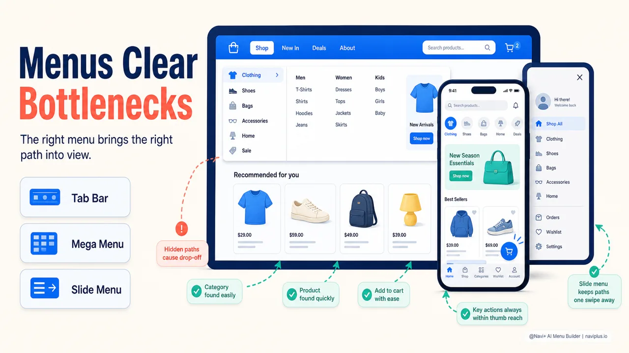 Ecommerce menu types clearing navigation bottlenecks with tab bar mega menu and slide menu