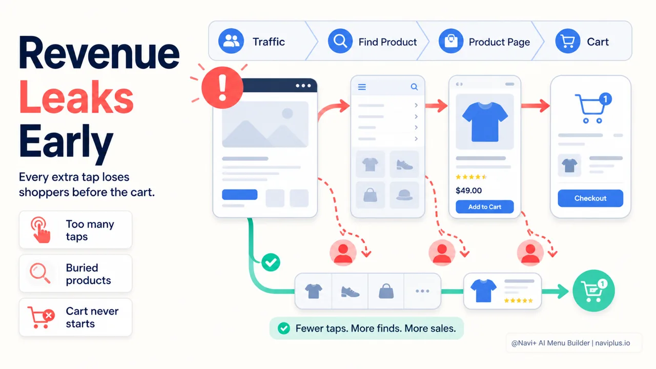 Ecommerce navigation revenue leak showing extra taps before product discovery and cart