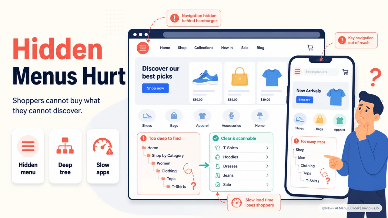 Common Shopify navigation mistakes hiding menus and slowing product discovery