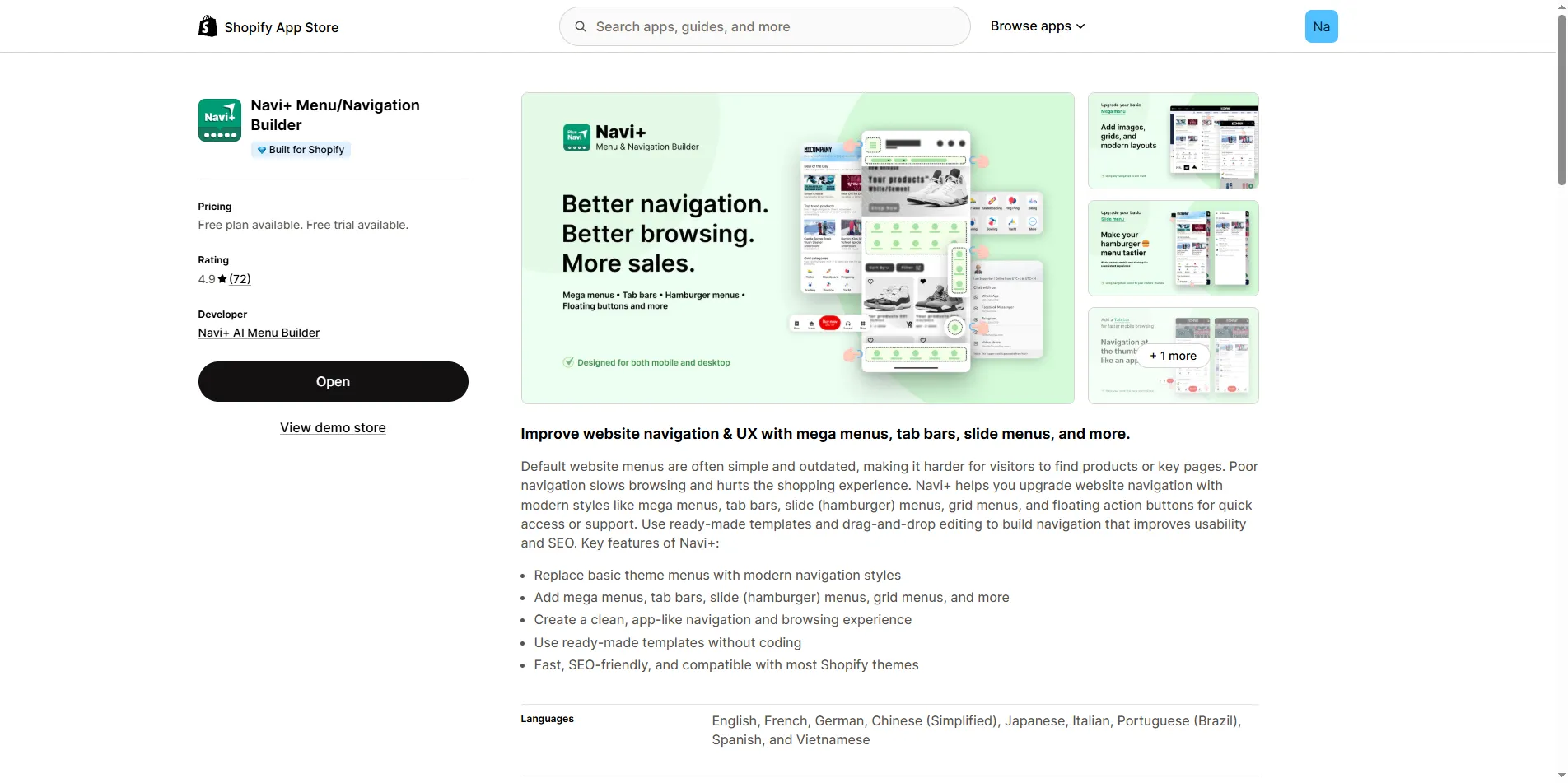 Navi+ listing on Shopify App Store