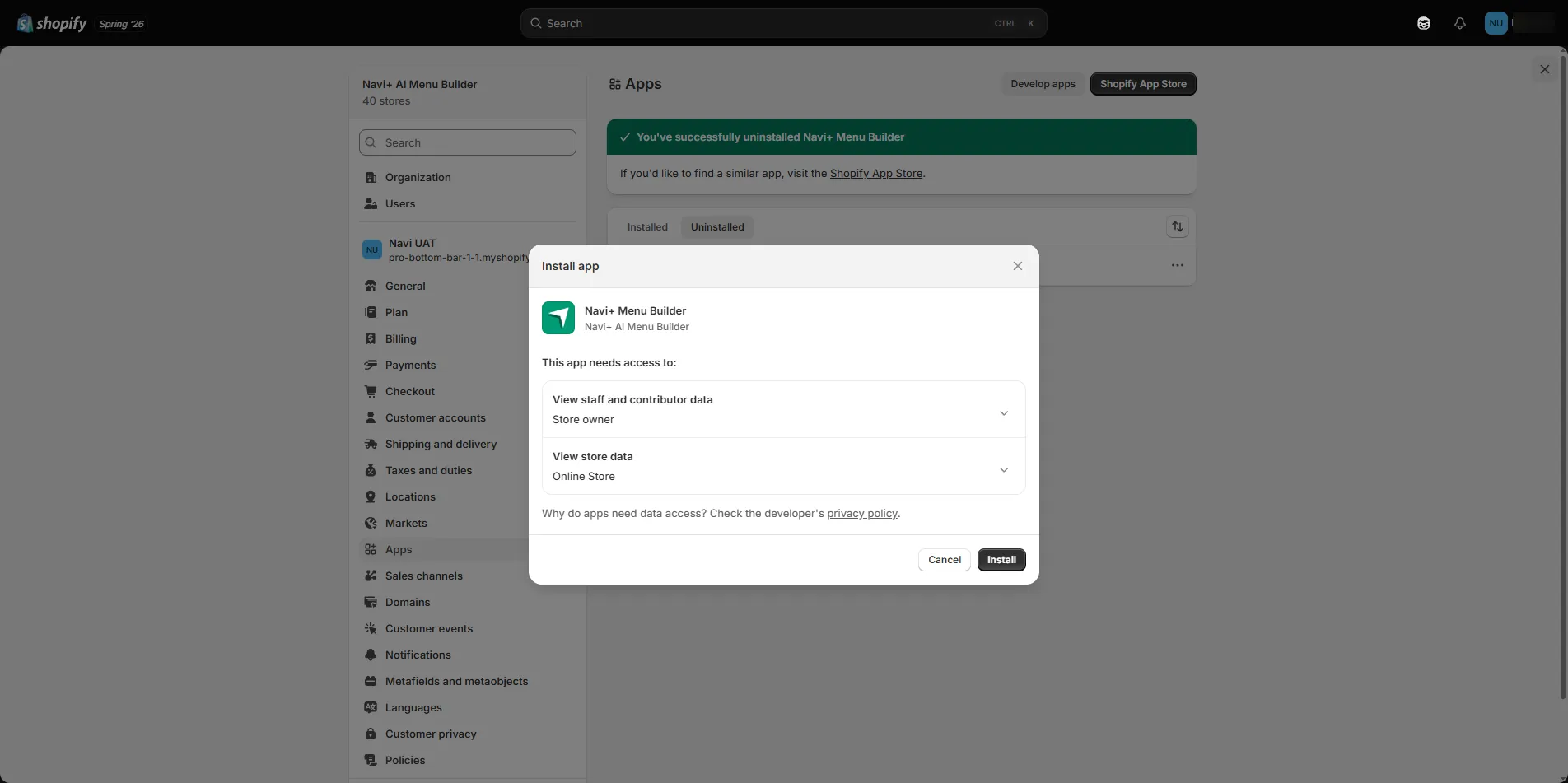App Install screen in Shopify admin
