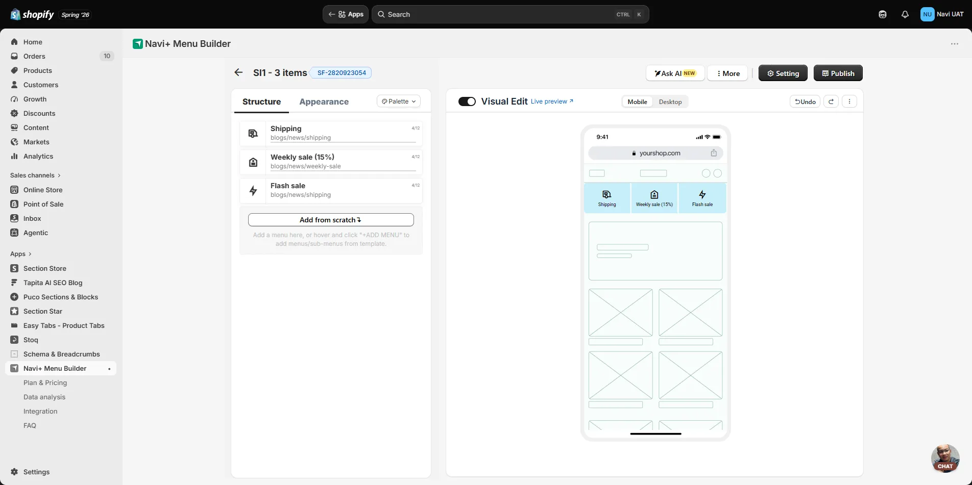 Menu design in Navi+ on Shopify (Visual Edit)