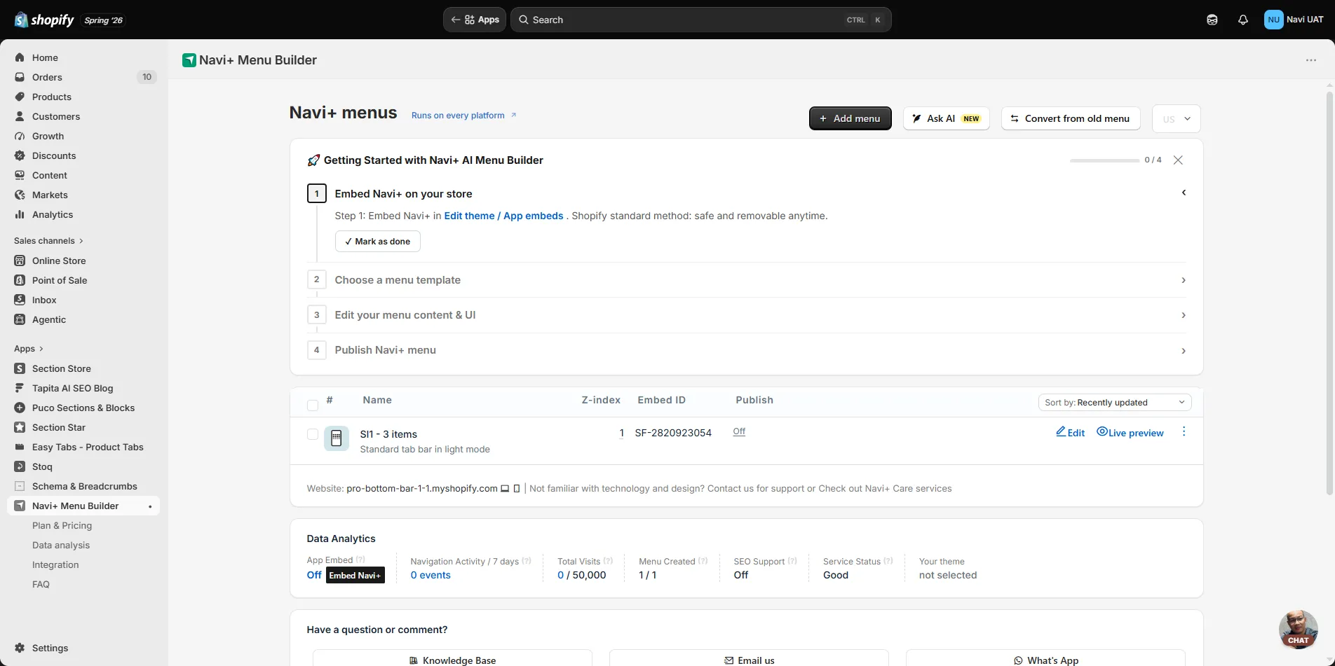Open Navi+ from Apps section in Shopify admin