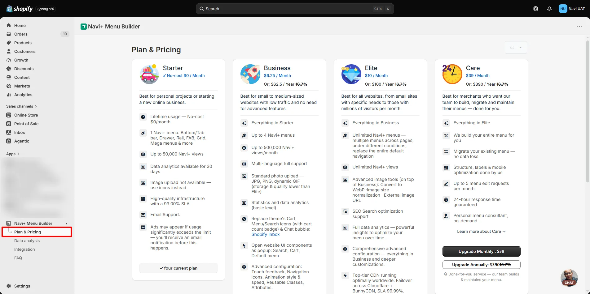 Plan & Pricing page in Navi+ on Shopify