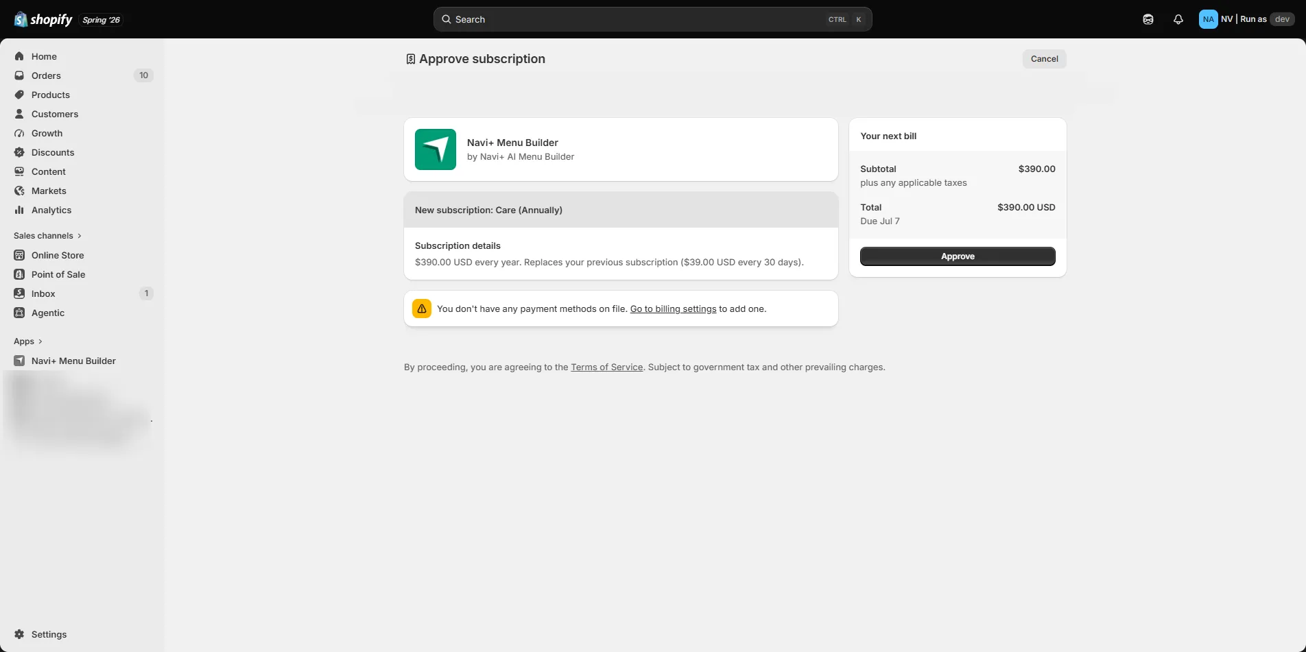 Approve subscription screen in Shopify during upgrade