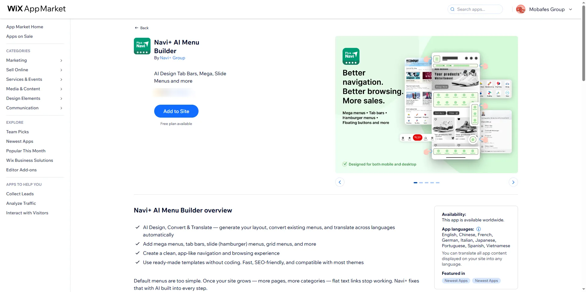 The Add to Site button on Navi+ listing in Wix App Market