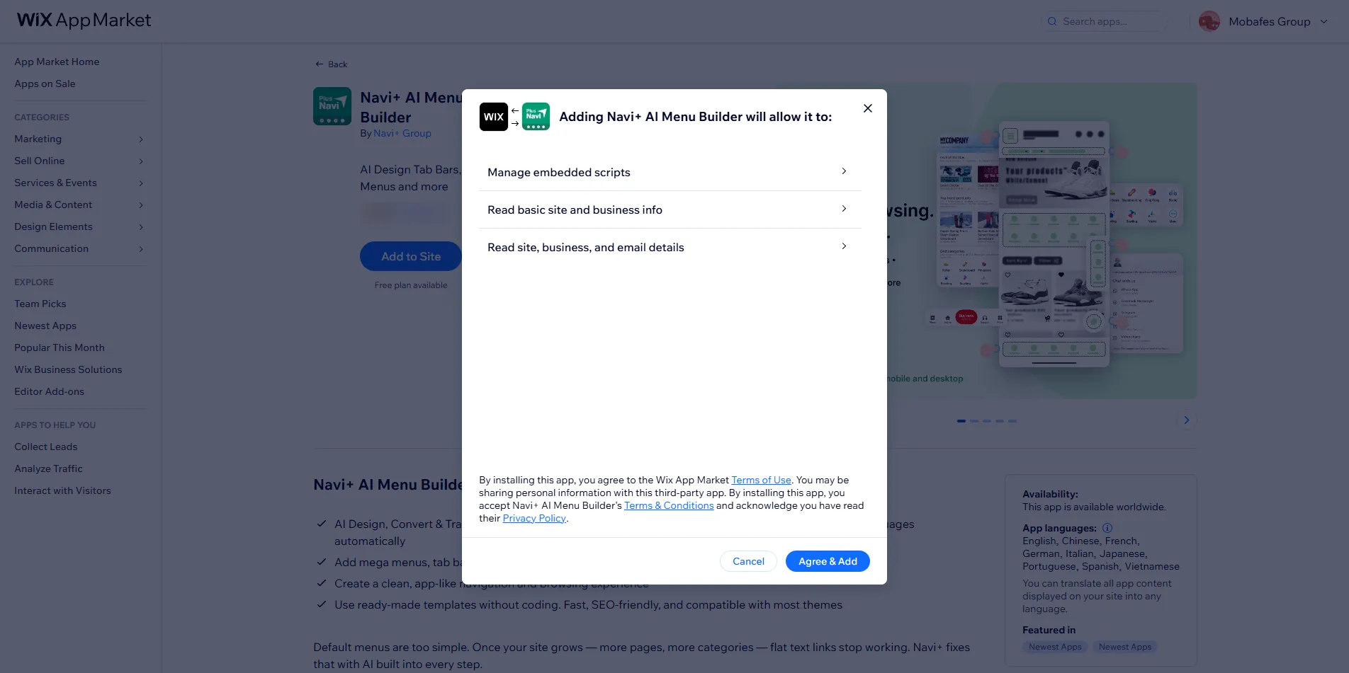 Permissions screen, click Agree & Add to install Navi+