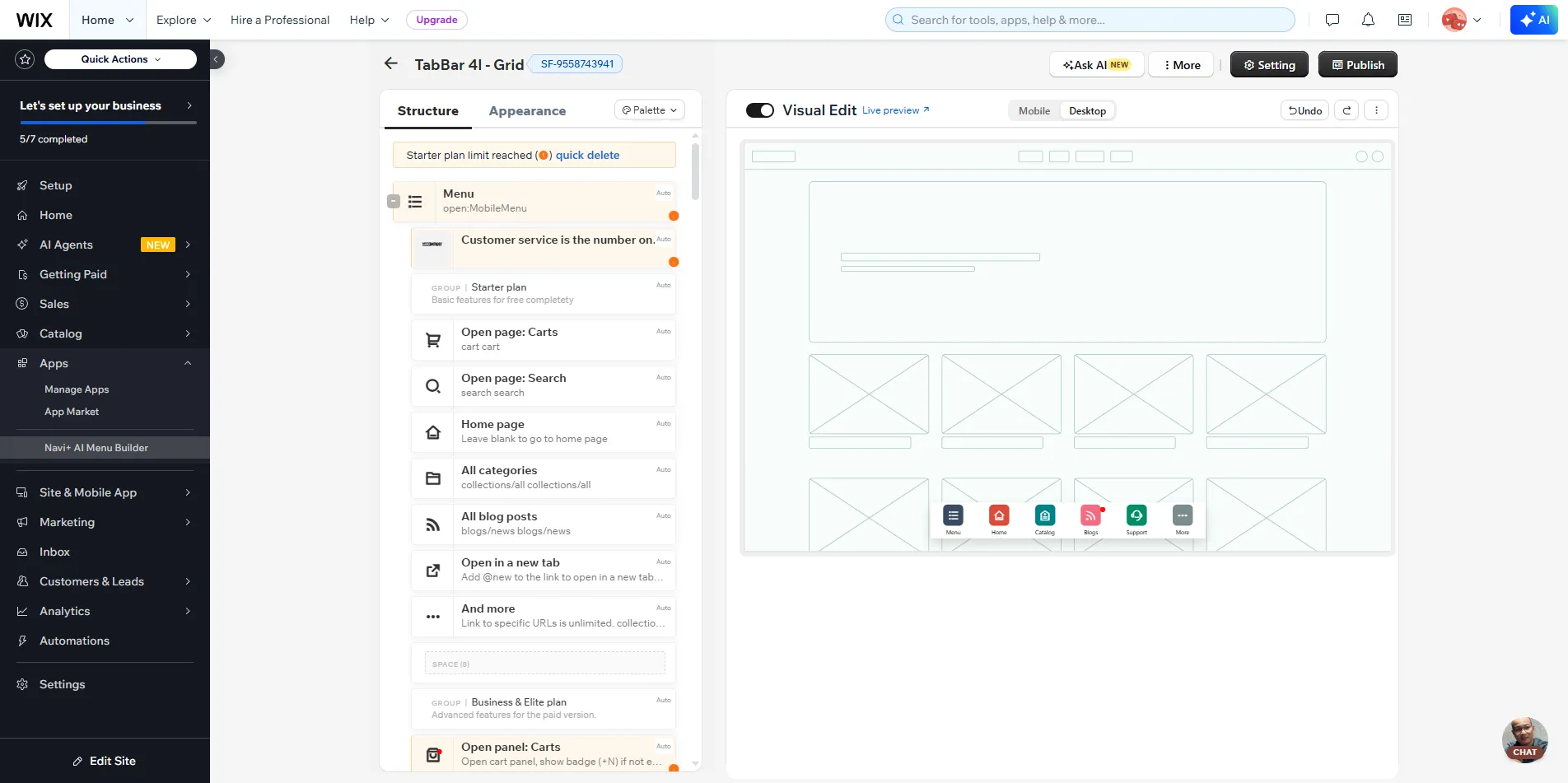 Navi+ dashboard open in Wix, design menu with Visual Edit