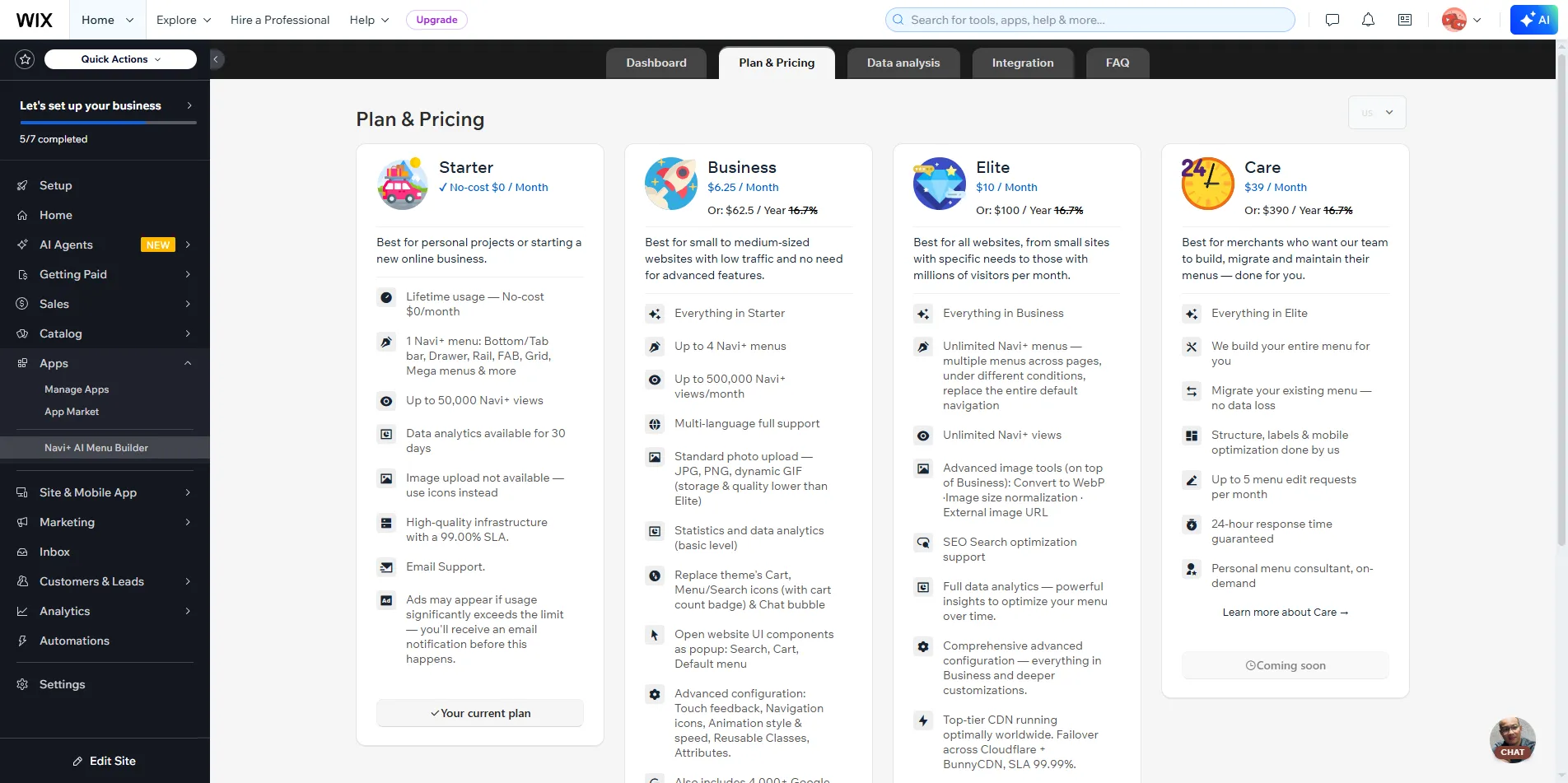 Plan & Pricing page in Navi+ on Wix