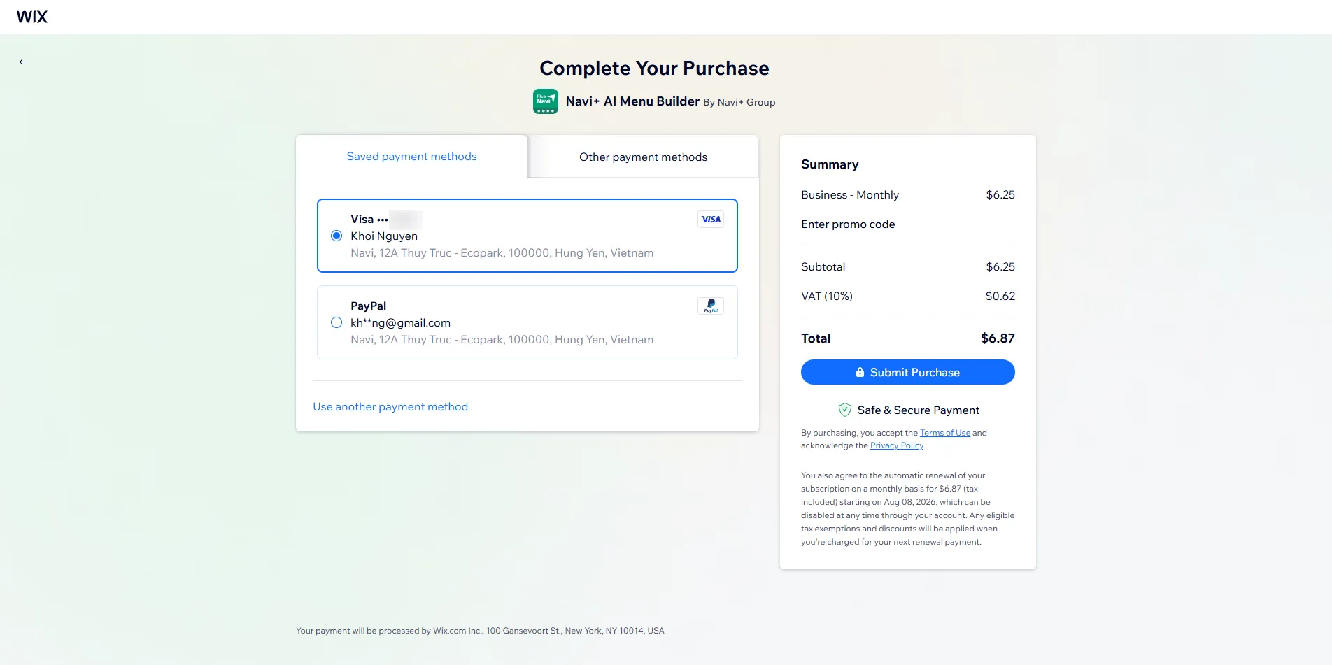 Wix checkout page when upgrading to Business