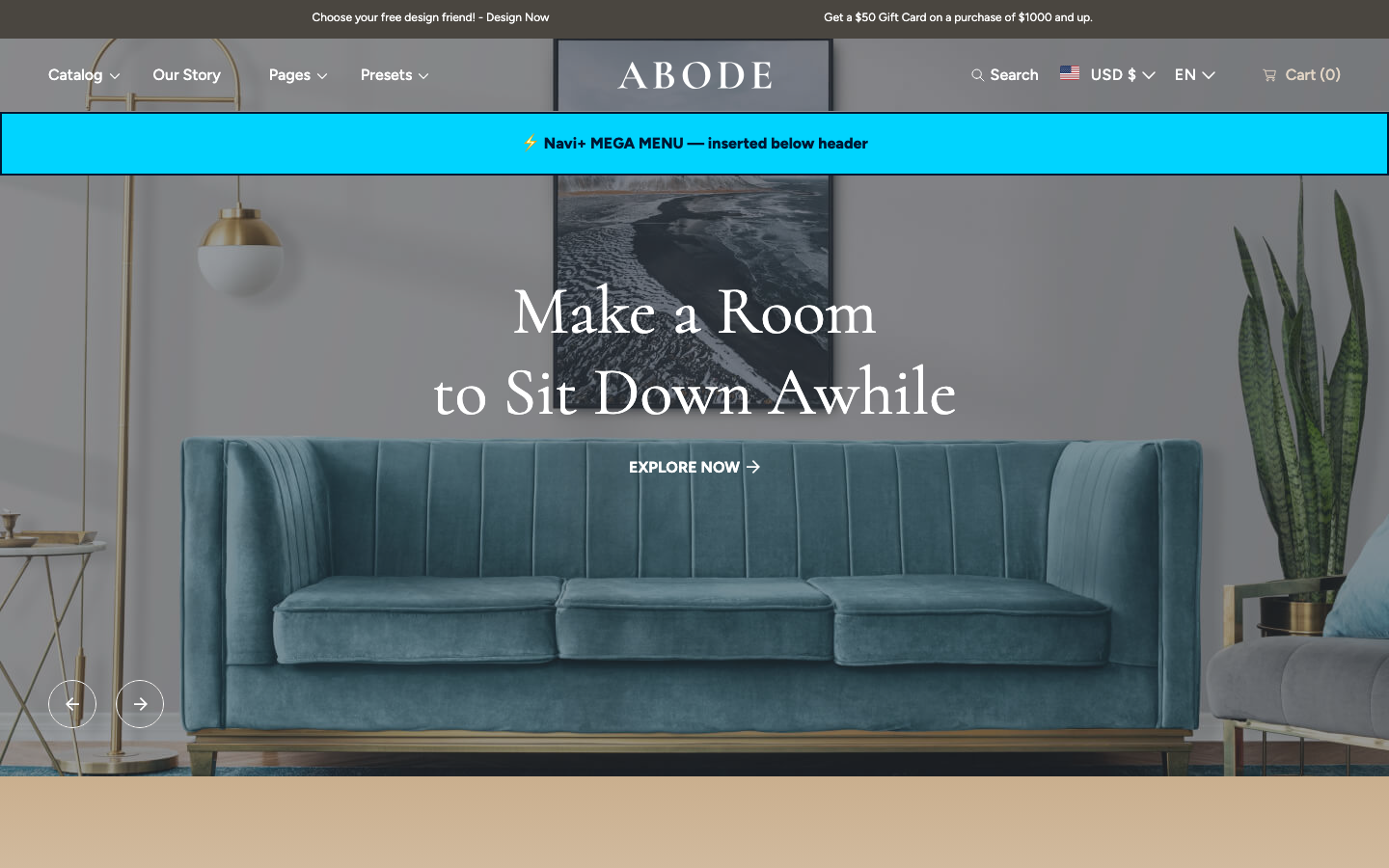 Menu inserted below header — Navi+ on the Abode Shopify theme Menu inserted below header — Navi+ on the Abode Shopify theme