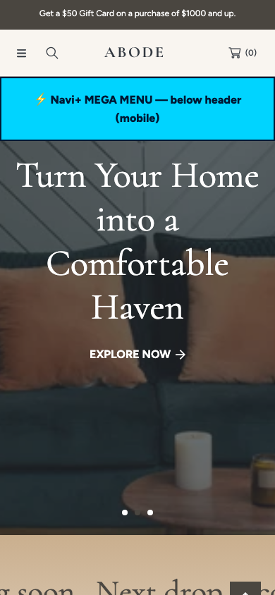 Menu inserted below header — Navi+ on the Abode Shopify theme Menu inserted below header — Navi+ on the Abode Shopify theme