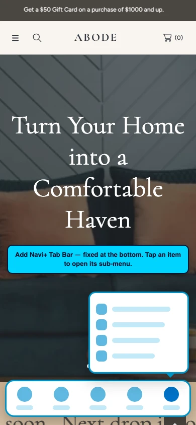 Navi+ Tab Bar on the Abode Shopify theme Navi+ Tab Bar on the Abode Shopify theme