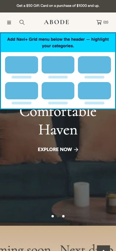 Navi+ Grid Menu on the Abode Shopify theme Navi+ Grid Menu on the Abode Shopify theme