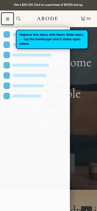 Navi+ Slide Menu on the Abode Shopify theme Navi+ Slide Menu on the Abode Shopify theme