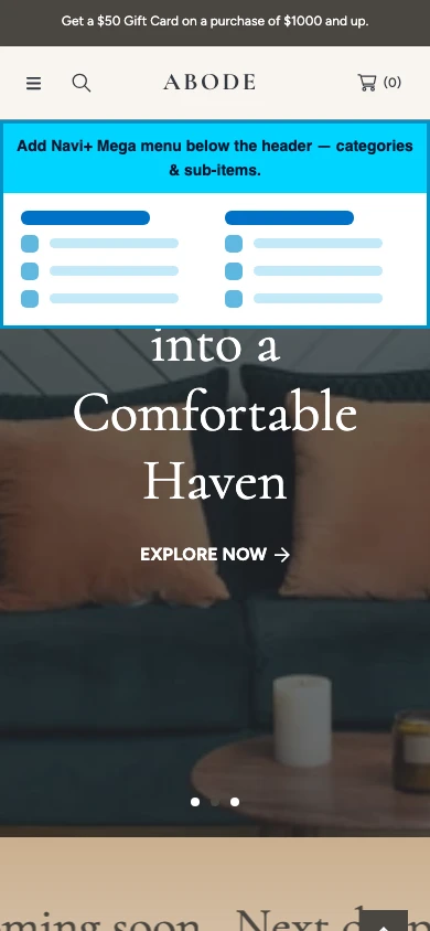 Navi+ mobile Mega Menu on the Abode Shopify theme Navi+ mobile Mega Menu on the Abode Shopify theme
