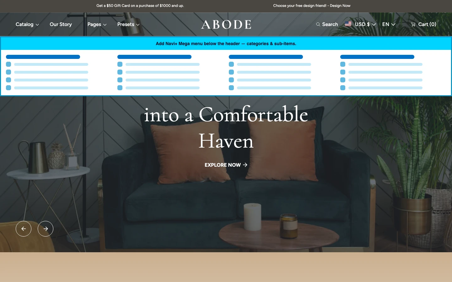 Navi+ Mega Menu inserted below the header on the Abode Shopify theme Navi+ Mega Menu inserted below the header on the Abode Shopify theme