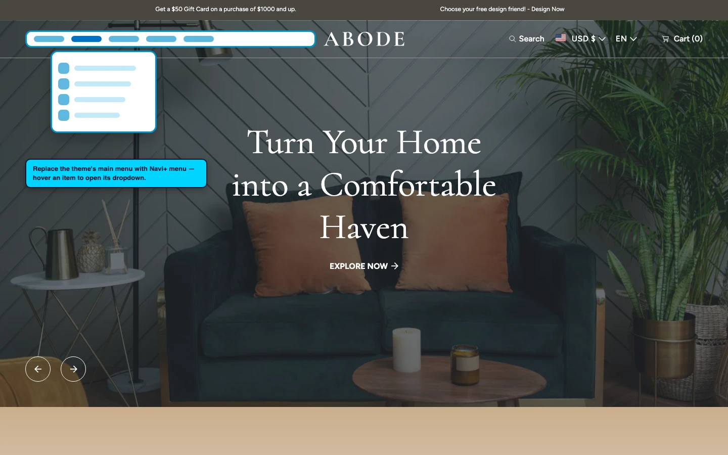 Navi+ Mega Menu replacing the desktop menu on the Abode Shopify theme Navi+ Mega Menu replacing the desktop menu on the Abode Shopify theme