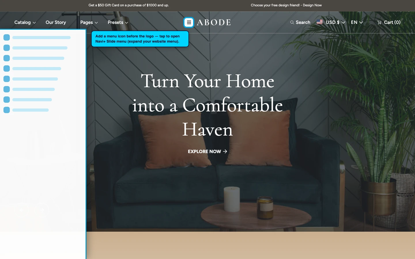 Navi+ trigger icon before the logo on the Abode Shopify theme Navi+ trigger icon before the logo on the Abode Shopify theme