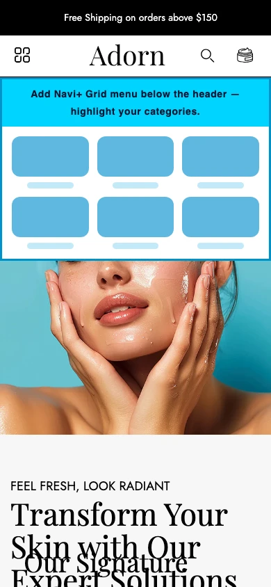 Navi+ Grid Menu on the Adorn Shopify theme Navi+ Grid Menu on the Adorn Shopify theme