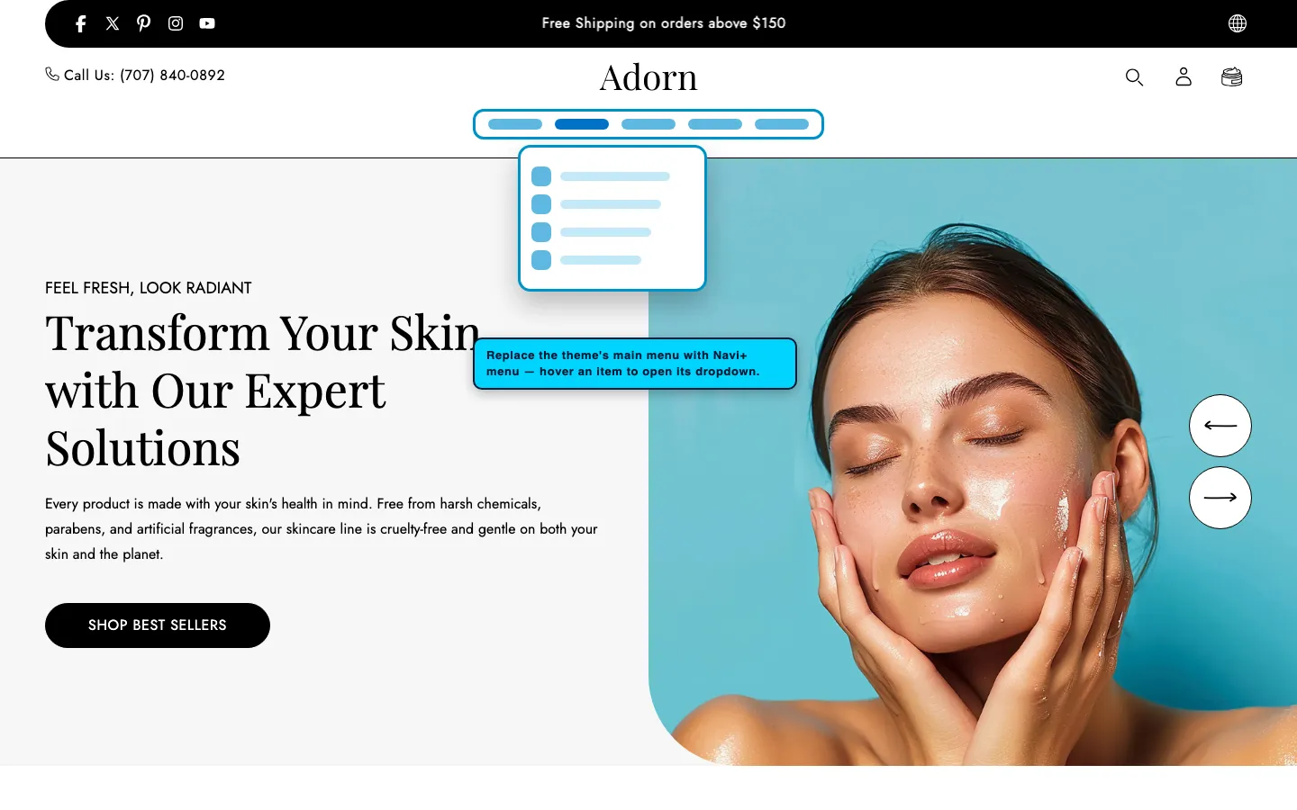 Navi+ Mega Menu replacing the desktop menu on the Adorn Shopify theme Navi+ Mega Menu replacing the desktop menu on the Adorn Shopify theme