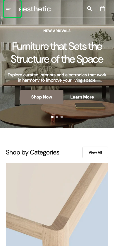Hamburger → panel opened — Navi+ on the Aesthetic Shopify theme Hamburger → panel opened — Navi+ on the Aesthetic Shopify theme