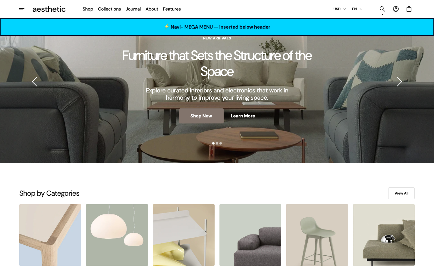 Menu inserted below header — Navi+ on the Aesthetic Shopify theme Menu inserted below header — Navi+ on the Aesthetic Shopify theme