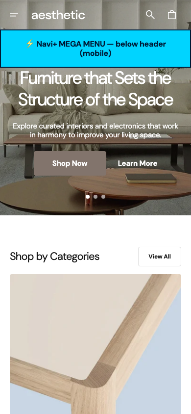 Menu inserted below header — Navi+ on the Aesthetic Shopify theme Menu inserted below header — Navi+ on the Aesthetic Shopify theme