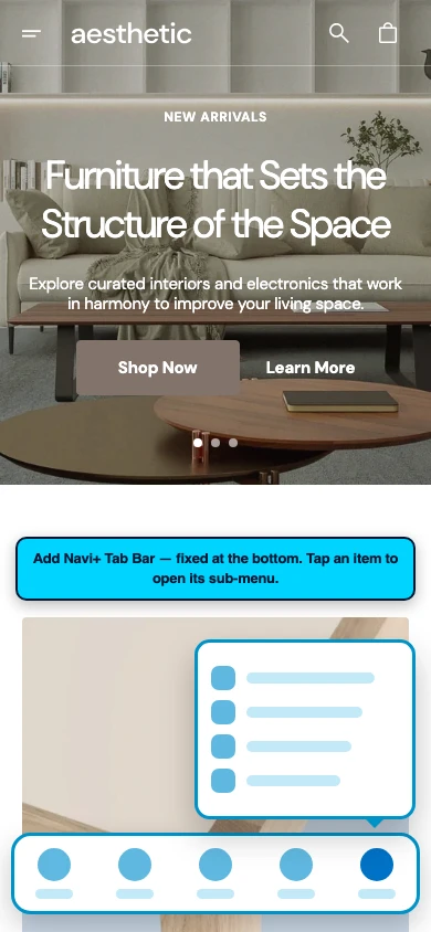 Navi+ Tab Bar on the Aesthetic Shopify theme Navi+ Tab Bar on the Aesthetic Shopify theme