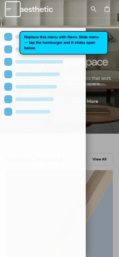 Navi+ Slide Menu on the Aesthetic Shopify theme Navi+ Slide Menu on the Aesthetic Shopify theme