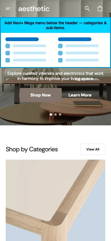 Navi+ mobile Mega Menu on the Aesthetic Shopify theme Navi+ mobile Mega Menu on the Aesthetic Shopify theme
