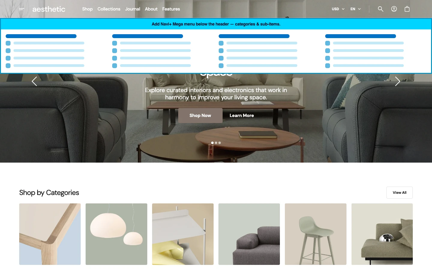 Navi+ Mega Menu inserted below the header on the Aesthetic Shopify theme Navi+ Mega Menu inserted below the header on the Aesthetic Shopify theme