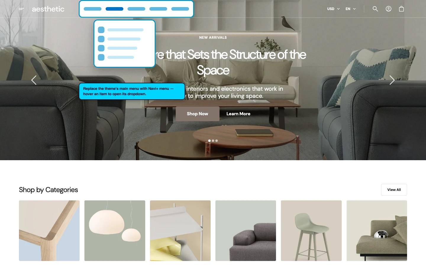 Navi+ Mega Menu replacing the desktop menu on the Aesthetic Shopify theme Navi+ Mega Menu replacing the desktop menu on the Aesthetic Shopify theme