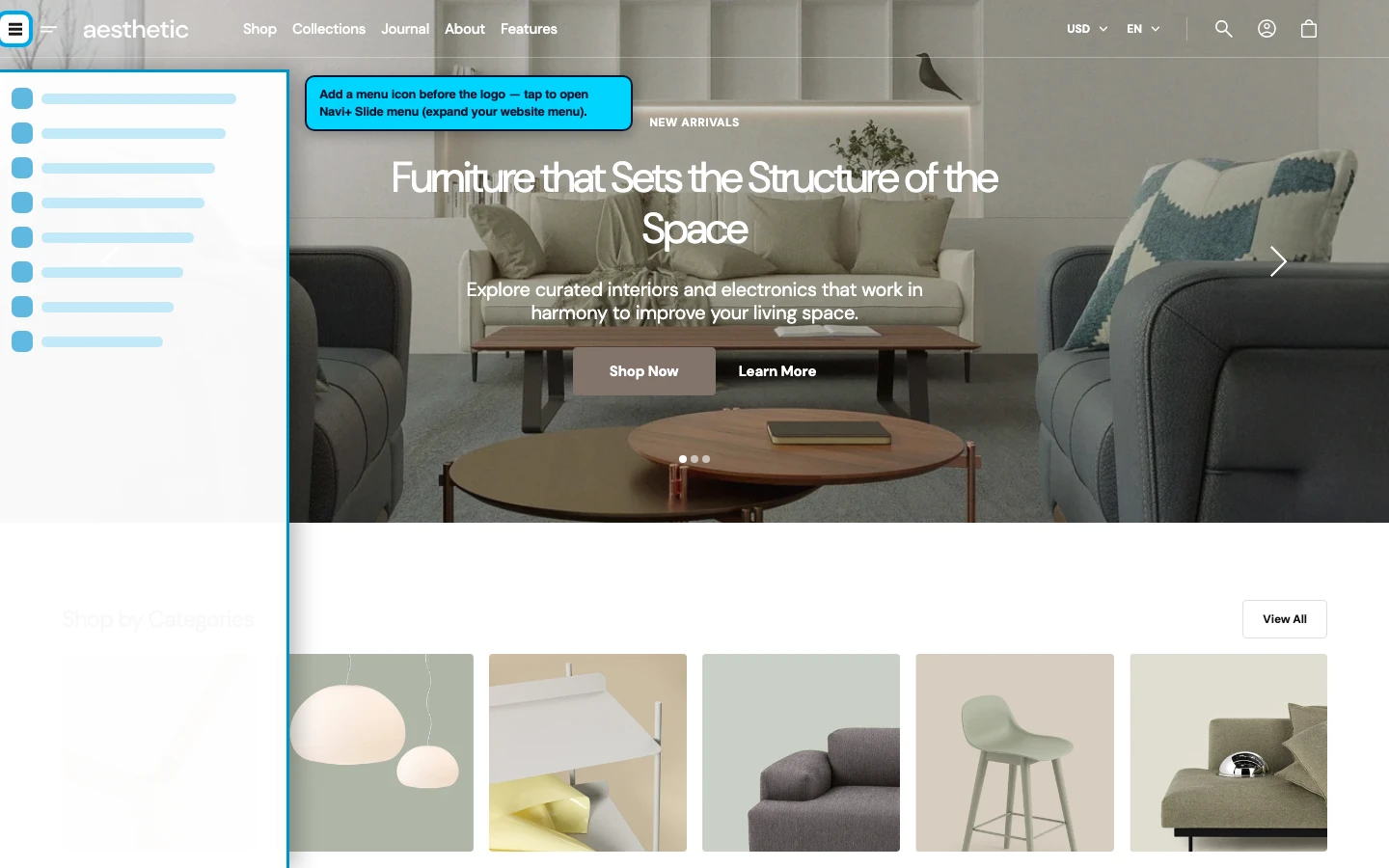 Navi+ trigger icon before the logo on the Aesthetic Shopify theme Navi+ trigger icon before the logo on the Aesthetic Shopify theme