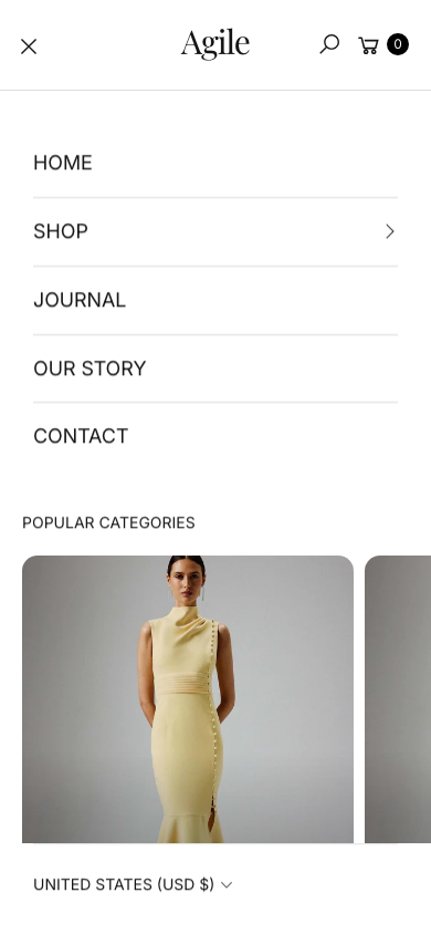 Hamburger → panel opened — Navi+ on the Agile Shopify theme