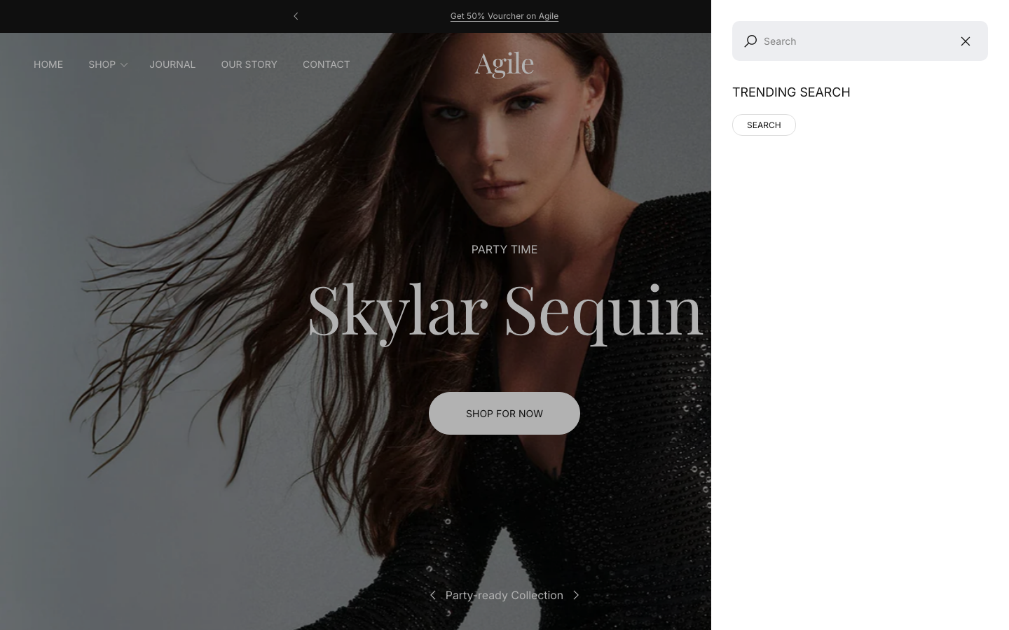 Search → panel opened — Navi+ on the Agile Shopify theme