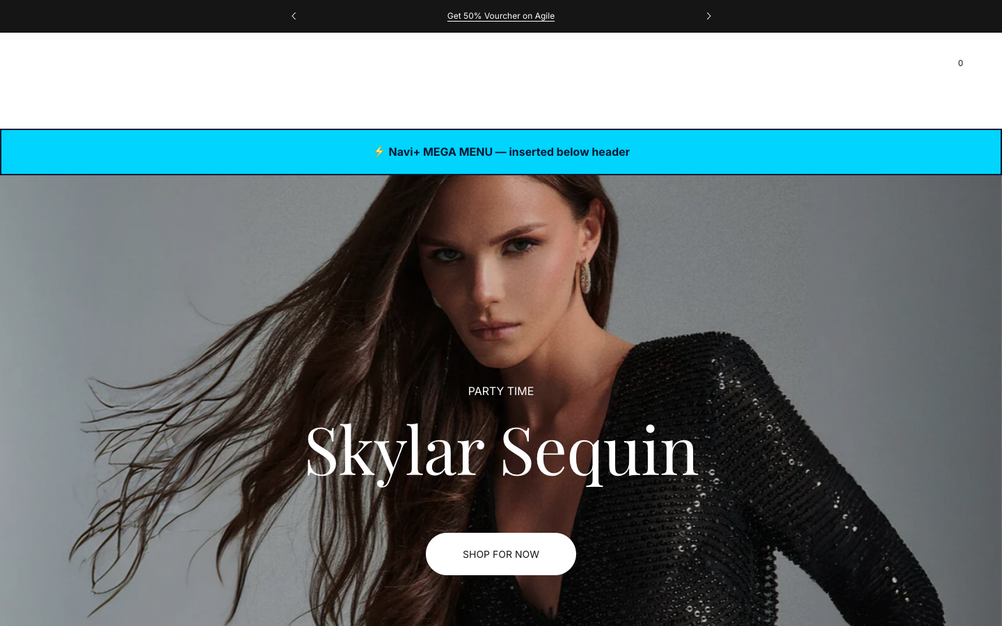 Menu inserted below header — Navi+ on the Agile Shopify theme