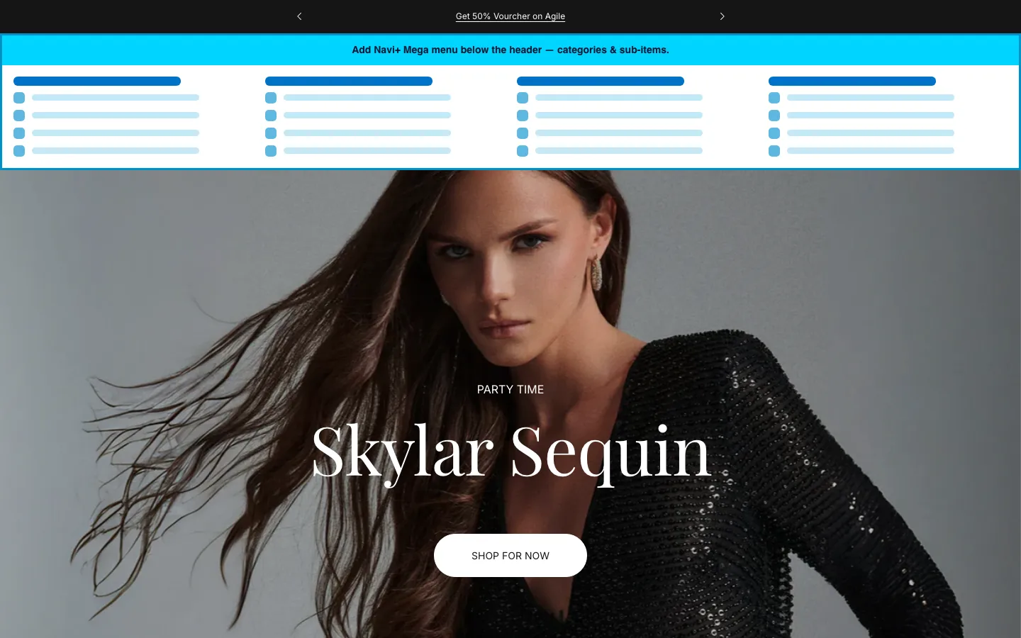 Navi+ Mega Menu inserted below the header on the Agile Shopify theme