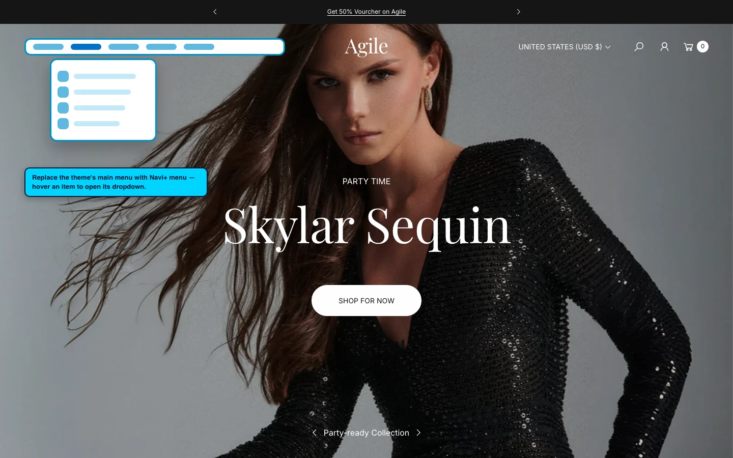 Navi+ Mega Menu replacing the desktop menu on the Agile Shopify theme Navi+ Mega Menu replacing the desktop menu on the Agile Shopify theme