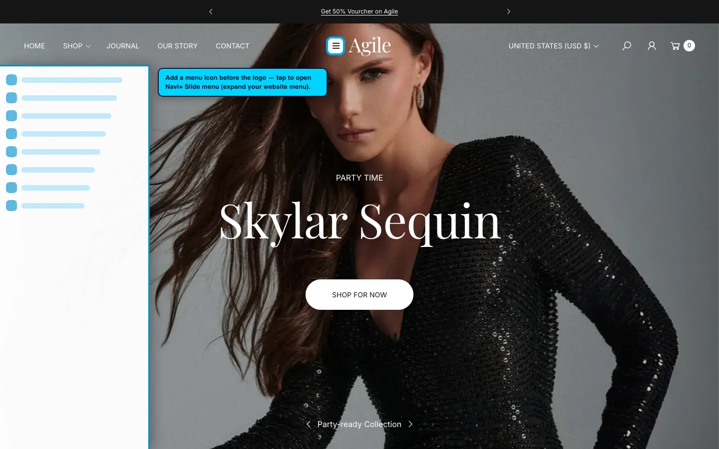Navi+ trigger icon before the logo on the Agile Shopify theme