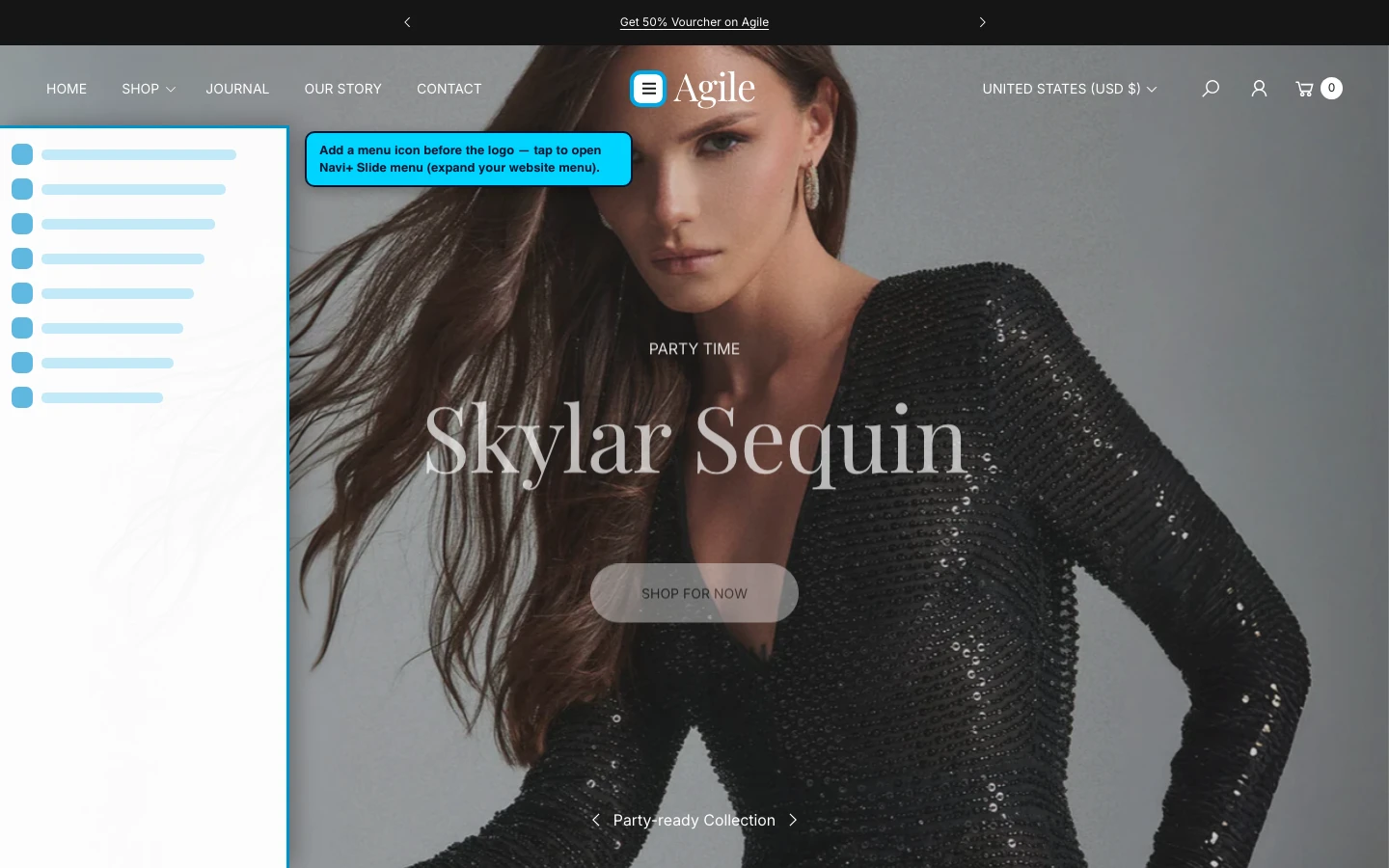 Navi+ trigger icon before the logo on the Agile Shopify theme Navi+ trigger icon before the logo on the Agile Shopify theme