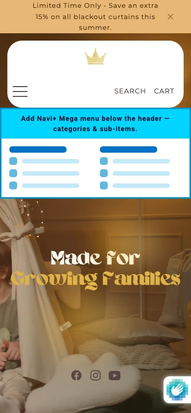 Navi+ mobile Mega Menu on the Agnes Shopify theme Navi+ mobile Mega Menu on the Agnes Shopify theme